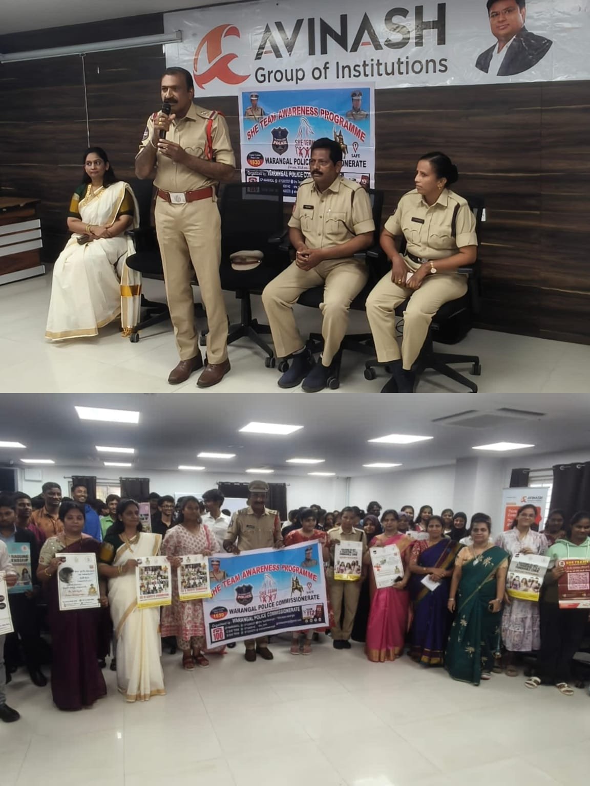 మహిళల భద్రత మరియు టీ -సేఫ్ అప్ గురించి హన్మకొండ  లోని అవినాష్ కాలేజీలోషీ టీం ఎస్సై  రామారావు  గారి అవగాహన సదస్సు.